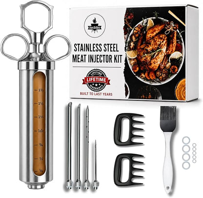 Professional Meat Injector Marinade Syringe Kit for Smoking & Grilling Turkey, Brisket & BBQ, Large 2 Oz Stainless Steel Visible Capacity, Never Leaks or Clogs + Meat Shredding Claws & Flavor Brush