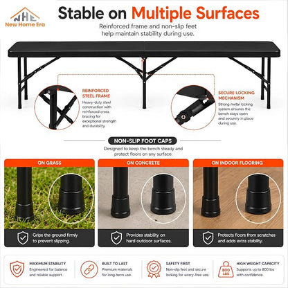 Plastic Folding Bench - Portable Bench Used for Indoor, Outdoor, Picnic, Party, Camping, Dining Seat, Garden Soccer Multipurpose Entertaining Activities (1, Black, 8 Feet)