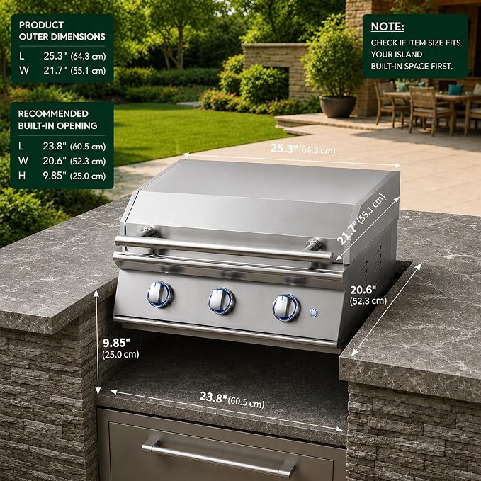 26 Inch BBQ Head Griddle Grill Combo for Barbecue Island, Liquid Propane Bulit-in Grills for Outdoor Kitchen,3 * 15,000 BTU， 3-Burner, Premium 304 Stainless Steel, Convertible to Natural Gas