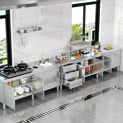 ZZV Stainless Steel Kitchen Cabinet Outdoor Kitchen Drawers with Handles Triple Access BBQ Drawers for Outdoor Garage Warehouse Restaurant, No Assembly Required, 21.66 x 19.68 x 35.43 in