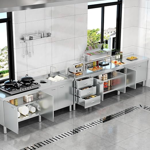ZZV Stainless Steel Kitchen Cabinet Outdoor Kitchen Drawers with Handles Triple Access BBQ Drawers for Outdoor Garage Warehouse Restaurant, No Assembly Required, 21.66 x 19.68 x 35.43 in