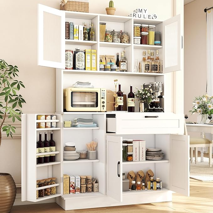 WAYTRIM Pantry Cabinet, White Kitchen Storage Cabinet with 4 Doors and Shelves, Kitchen Hutch Coffee Bar Cabinet with Drawers & Adjustable Shelves, Microwave Stand for Kitchen Dining Room Furniture