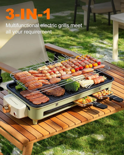 1500W Smokeless Electric Indoor Grill, 3 in 1 Korean Barbecue Grill with Net & Non-Stick Removable Plate and Velcro, Temperature Control & Dishwasher Safe, Smokeless Korean BBQ for Kitchen Party