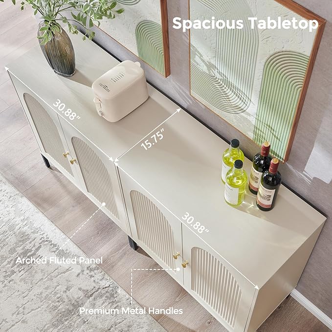 IFBUY Modern Sideboard Buffet Cabinet, 61.75" W Fluted Arched Buffet Cabinet with Storage and Adjustable Shelves, Wooden Modular Coffee Bar Cabinets for Kitchen, Entryway, Cream