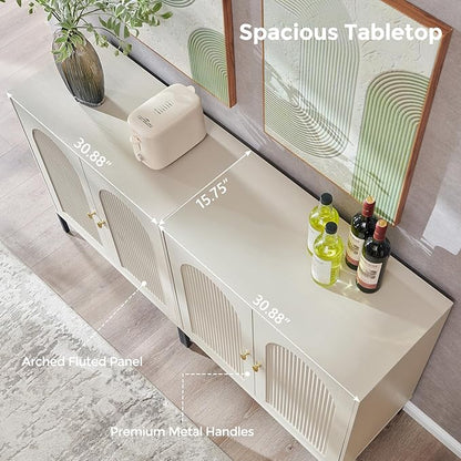 IFBUY Modern Sideboard Buffet Cabinet, 61.75" W Fluted Arched Buffet Cabinet with Storage and Adjustable Shelves, Wooden Modular Coffee Bar Cabinets for Kitchen, Entryway, Cream