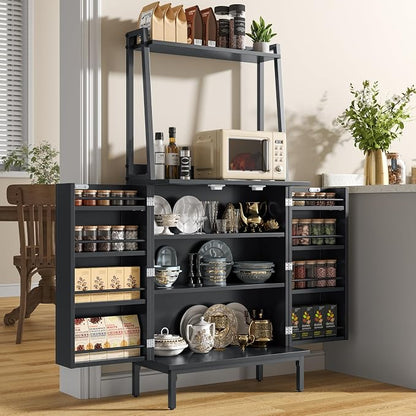 kepptory 51" Kitchen Baker's Rack with Storage, Microwave & Toaster Oven Stand, Freestanding Coffee Bar Station with Wine Glass Holder & Side Storage Shelves, Black