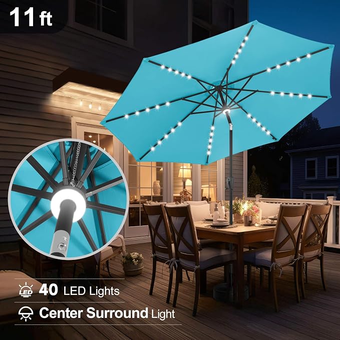 FLAME&SHADE Solar Patio Umbrella with a Centre Light, 11 FT Aqua Blue | 40 LED Lights, UV Protection, Waterproof, Porch Deck Outdoor Umbrella for Pool, Backyard, Garden, Provides Evening Lighting