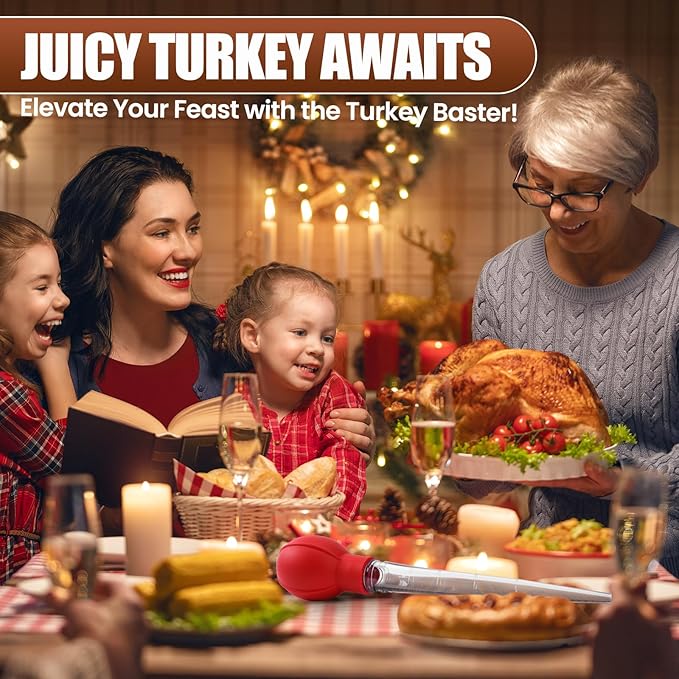 OLESBUR Premium Turkey Basters for Cooking – Baster Syringe for Hot Liquids – Meat and Food Injector – Essential Thanksgiving Cooking Tool – Turkey Baster Large with Cleaning Brush (Red)