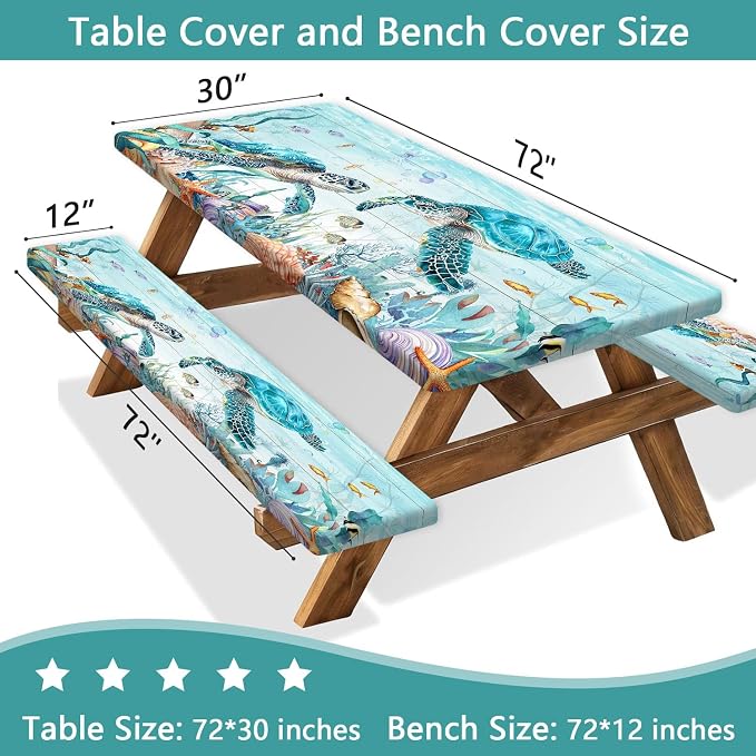 Ocean Sea Turtles Picnic Table Cover with Bench Covers and Bag, Camping Essentials, Waterproof Windproof, Fitted Tablecloth Cover with Elastic Edge, for Indoor & Outdoor, Garden, 3 PCS, 30x72 Inch