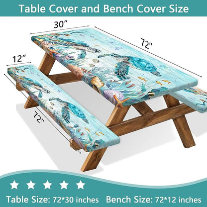 Ocean Sea Turtles Picnic Table Cover with Bench Covers and Bag, Camping Essentials, Waterproof Windproof, Fitted Tablecloth Cover with Elastic Edge, for Indoor & Outdoor, Garden, 3 PCS, 30x72 Inch