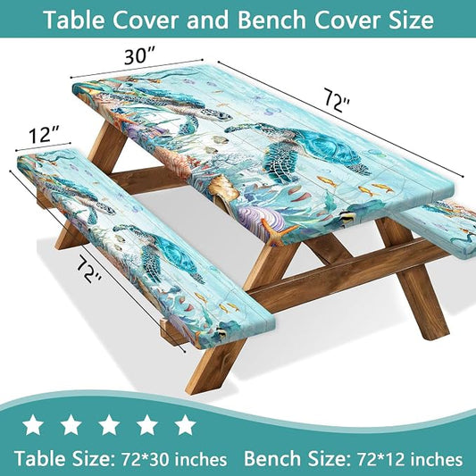 Ocean Sea Turtles Picnic Table Cover with Bench Covers and Bag, Camping Essentials, Waterproof Windproof, Fitted Tablecloth Cover with Elastic Edge, for Indoor & Outdoor, Garden, 3 PCS, 30x72 Inch
