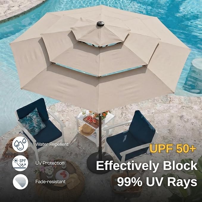 10ft 3 Tier Patio Umbrella, Outdoor Market Table Umbrella with UPF 50+ Vented Canopy, 8 Sturdy Ribs, Easy Push Button Tilt and Crank, Windproof for Deck, Pool, Backyard and Garden