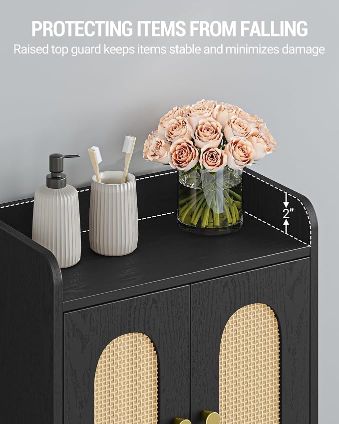 Hzuaneri Bathroom Cabinet, Small Storage Cabinet with 4 Doors | Bathroom Organizers and Storage Cabinets with Adjustable Feet. Cabinets Freestanding for Living Room, Kitchen, Rattan black