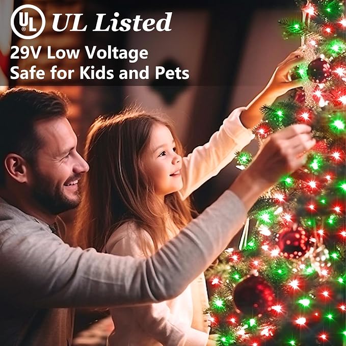 Christmas Tree String Lights 75FT 300 LED Red & Green | Dimmable, 12 Light Styles, Memory Timer, Waterproof, 29V Safe Low Voltage, Diamond-Faceted LED, Energy Efficiency