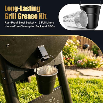 Drip Bucket and 15-Pack Disposable Foil Liners for Oklahoma Joe's, Traeger, Pit-Boss, Z Grill, Camp Chef, Grill Grease Liner Fits Most Offset Smoker, Rec Tec Pellet Grill Bucket, Black