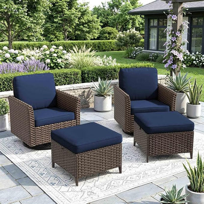 4 Pieces Patio Furniture Set, 2 High Back Swivel Chairs & 2 Ottomans, All-Weather PE Wicker Furniture with Waterproof Cushions for Deck, Garden, Porch