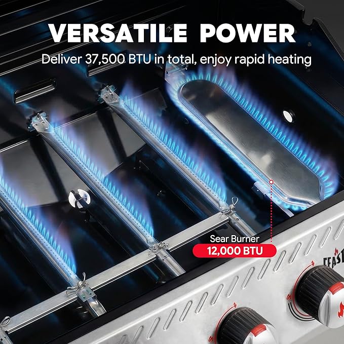 Feasto 4-Burner Propane Gas Grill w/Sear & Side Burner, Stainless Steel Construction w/Porcelain-Enameled Main Body, 49,500 BTU Outdoor BBQ Grill, 563 Sq. In. Cooking Area, Cabinet Storage, Silver