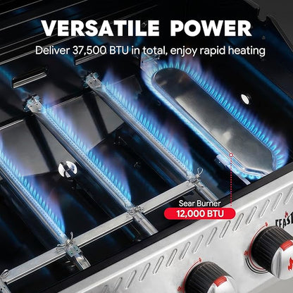 Feasto 4-Burner Propane Gas Grill w/Sear & Side Burner, Stainless Steel Construction w/Porcelain-Enameled Main Body, 49,500 BTU Outdoor BBQ Grill, 563 Sq. In. Cooking Area, Cabinet Storage, Silver
