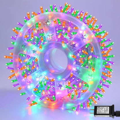 YEGUO 165ft 500 LED Halloween String Lights, Clear Wire Christmas String Lights Indoor, 8 Modes Twinkle Tree Lights Plug in with Timer Memory(Orange Purple and Green)