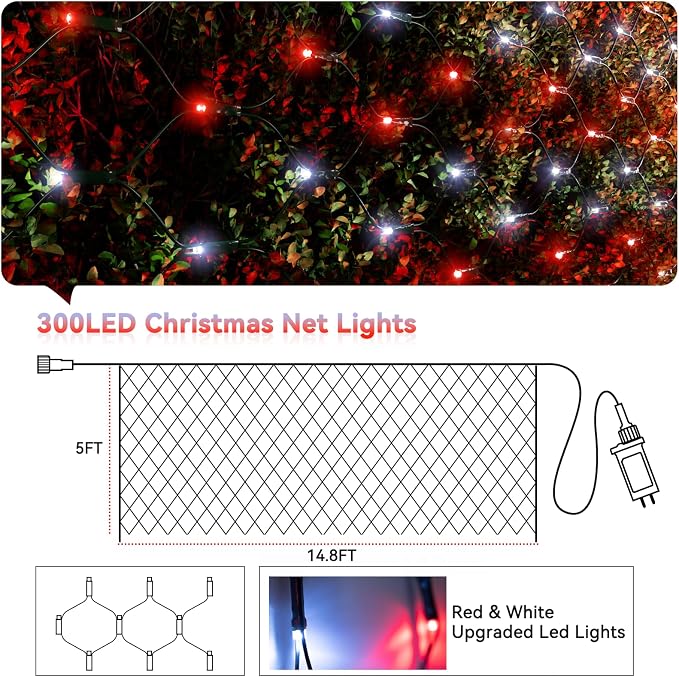 LitHome 14.8FT x 5FT Christmas Net Lights Outdoor Waterproof Connectable | 8 Modes 300 LED Red White Bush Lights, Net Mesh Light Dark Green Wire for Bushes Shrubs Outdoor Christmas Holiday Decor