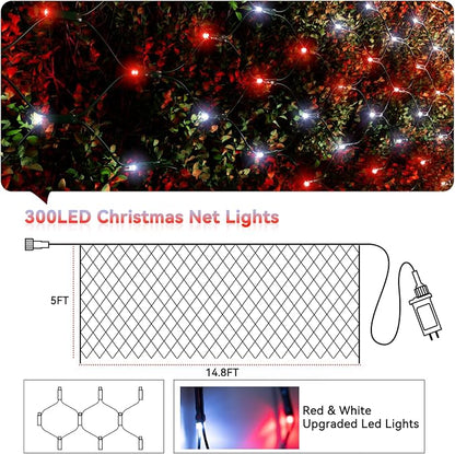 LitHome 14.8FT x 5FT Christmas Net Lights Outdoor Waterproof Connectable | 8 Modes 300 LED Red White Bush Lights, Net Mesh Light Dark Green Wire for Bushes Shrubs Outdoor Christmas Holiday Decor