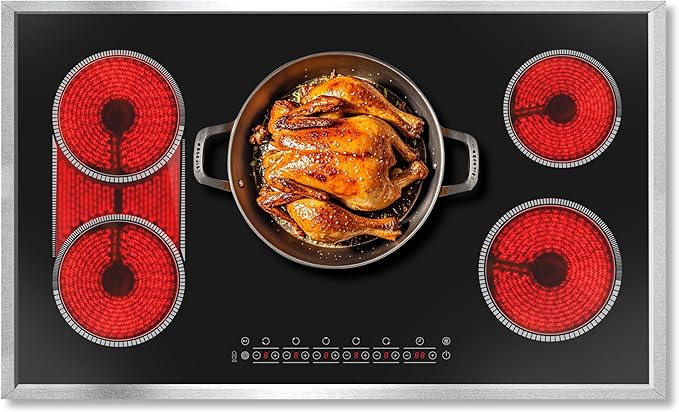 36 Inch Electric Cooktop, 5 Burner Stove Top Touch Control, 36" Glass Ceramic Stove Top 9600W with BBQ & Flexible Zone, Child Lock, Timer, Overheat Protection, 220-240V Hard Wired (No Plug)