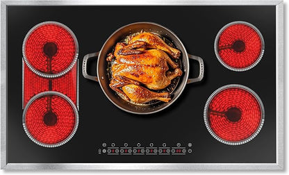36 Inch Electric Cooktop, 5 Burner Stove Top Touch Control, 36" Glass Ceramic Stove Top 9600W with BBQ & Flexible Zone, Child Lock, Timer, Overheat Protection, 220-240V Hard Wired (No Plug)