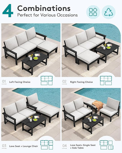 SERWALL Outdoor Sectional Sofa Set, 5-piece Outdoor Modula Couch Set with Ottoman, All Weather Patio Furniture Set with Chaise for Deck, Lawn, Black Frame with Khaki Cushion