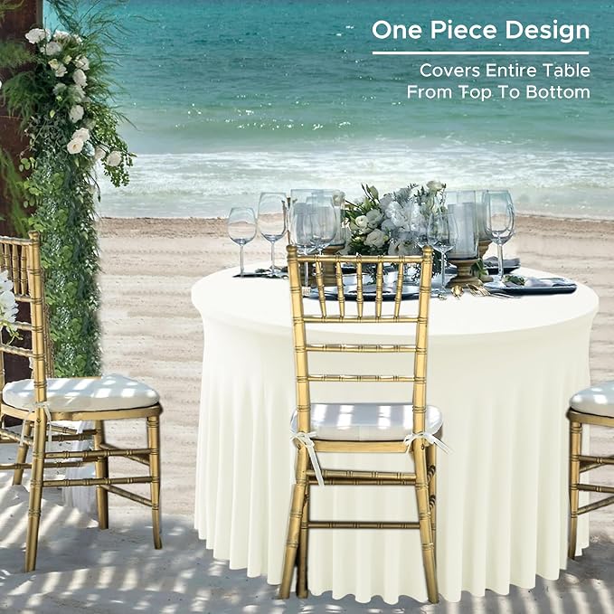 Fitted Beige Spandex Table Skirts for Wedding Party,60 Inch Round,6 Pack | Spandex Table Covers, For 5 Ft Wedding Cake Tables, Wrinkle Resistant, Ruffle Design Banquets, Baby Showers, Parties