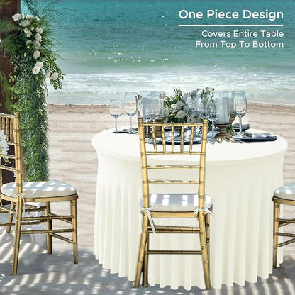 Fitted Beige Spandex Table Skirts for Wedding Party,60 Inch Round,6 Pack | Spandex Table Covers, For 5 Ft Wedding Cake Tables, Wrinkle Resistant, Ruffle Design Banquets, Baby Showers, Parties