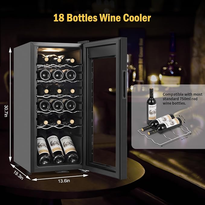 FoMup Wine Fridge 18 Bottles, Small Wine Cooler Refrigerator Freestanding with Digital Temperature Control Safety Lock, Frost Free for Red White Wine, Champagne