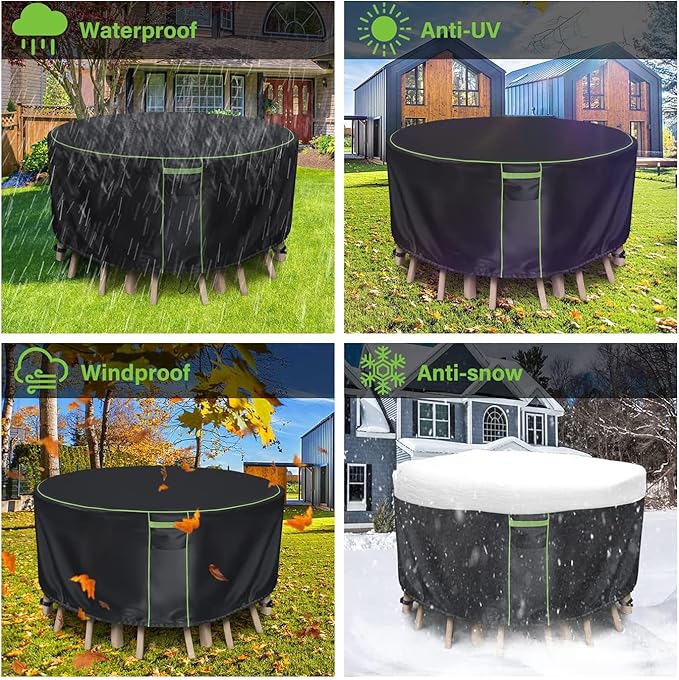 Round Patio Table Cover for Outdoor Table Chairs Set,600D Outdoor Furniture Cover Waterproof,96" Dia x 28" H,Black