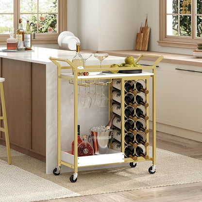 MAHANCRIS Gold Bar Cart, Bar Cart for Home, 2-Tier Wine Rack, Wine Cart with Wheels, Drink Cart with Glass Holder, Serving Cart for Kitchen, Gold and White RCJW18101