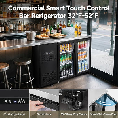 BODEGACOOLER Commercial Back Bar Cooler with 2 Glass Doors,12 Cu.Ft Stainless Steel Commercial Counter Height Bar Refrigerator,Display Drink Beverage Beer Fridge LED Lighting,SUS304 Top,4 Casters