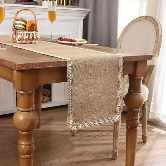 Khaki Table Runner 13 x 120 inch Long Natural Jute Braided Table Runner with Beige Lacework for Spring Summer Parties BBQ's Everyday Holidays Rustic Vintage Dining Farmhouse Table Runner