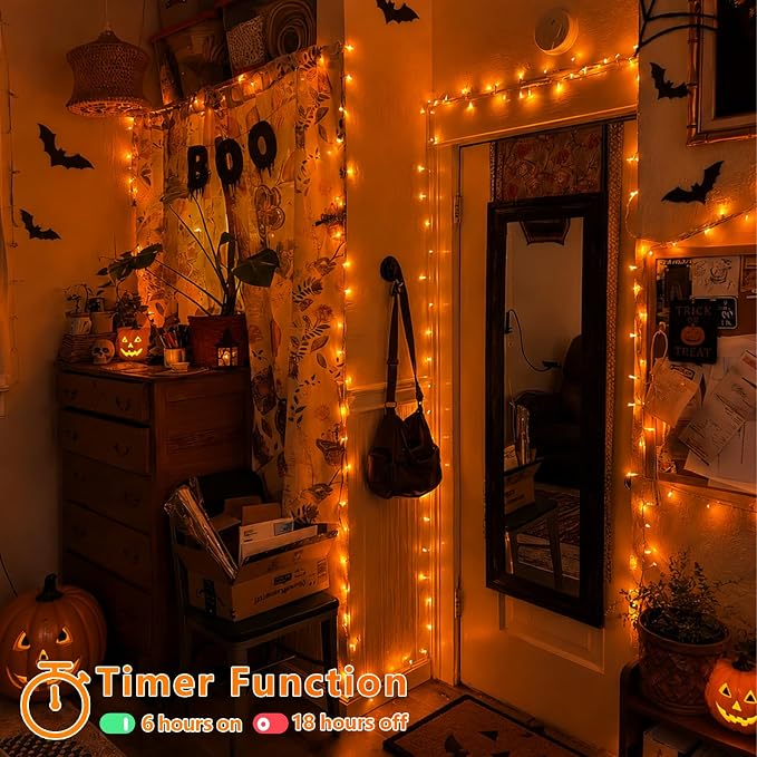 YEGUO 66ft 200 LED Orange Halloween String Lights, Clear Wire Christmas String Lights Indoor, 8 Modes Twinkle Tree Lights Plug in with Timer Memory.