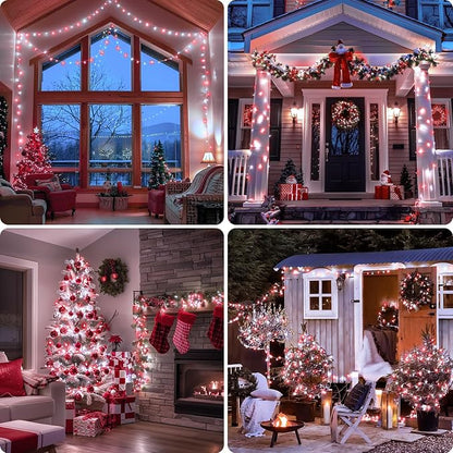 JMEXSUSS 2 Pack Red and White Battery Christmas Lights | Each 33ft 100 LED Battery Powered String Lights with Remote for Tree Patio Yard House Party Birthday Outside