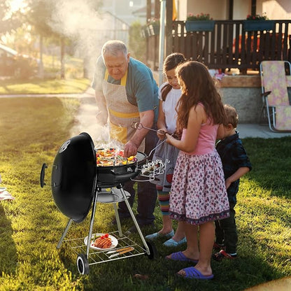 21.5" BBQ Grill with Wheels& Thickened Grid, Portable Enamel Outdoor Woodfire Charcoal Grill with Lid, Storage Shelf, Removable Ash Catcher for Camping, Travel, Tailgating & Backyard Cooking