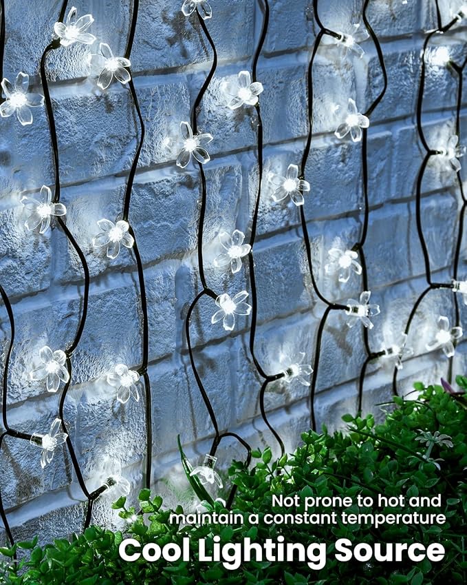 Brightown 60 LED Flower Solar String Lights Outdoor Waterproof, Fairy Lights for Garden Yard Fence Patio Christmas Tree Wedding Party Decor, White, 2 Pack