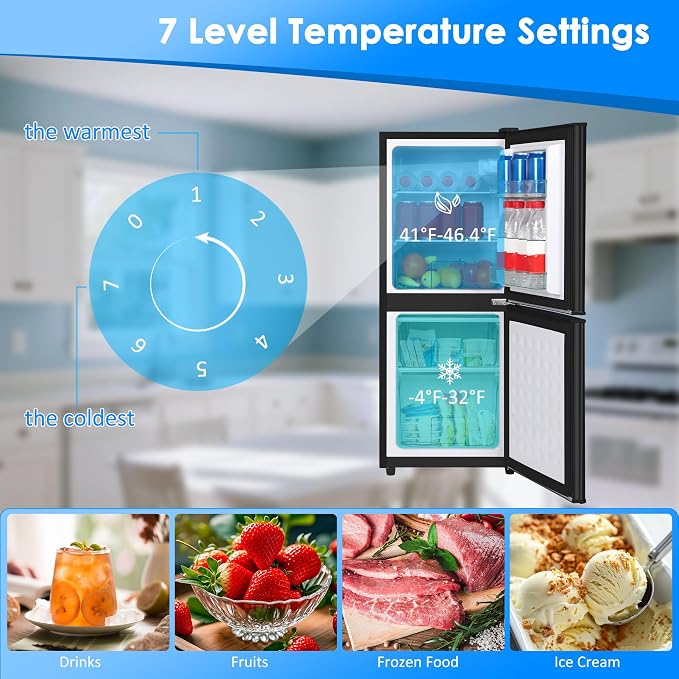 Compact Refrigerator with Freezer, 4.5 Cu. Ft. 2-Door Dorm Fridge, Black | Compact Refrigerator 7-Level Adjustable Thermostat, Glass Shelves, Small Refrigerator with Freezer for Home, RV, Office