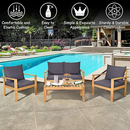 Tangkula Outdoor 8-Piece Acacia Wood Chat Set, 8 Seater Acacia Wood Conversation Sofa and Table Set, Teak Finished (2, Grey)