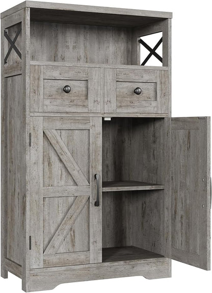 Befrases Set of 2 Farmhouse Storage Cabinet with Drawers and Adjustable Shelves, Freestanding Kitchen Pantry Storage Cabinet, Floor Storage Cupboard for Dining Living Room Home Office, Washed Grey