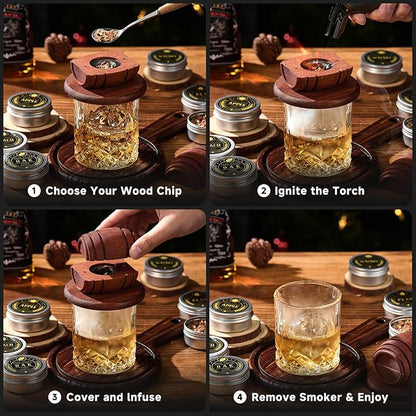 Whiskey Smoker Kit with Torch - 6 Flavors Wood Chips, 2 Glasses, 2 Ice Ball Molds - Cocktail Smoker Infuser Kit, Old Fashioned Drink Smoker Kit, Birthday Bourbon Whiskey Gifts for Men,Dad(NO Butane)