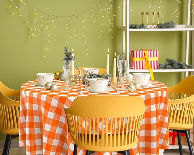 Disposable Checkered Tablecloth Round Plastic Buffalo Plaid Table Cloth 84'' Gingham Tablecover for Picnic Camping BBQ Graduation Party (Multicolor,12 Pieces)