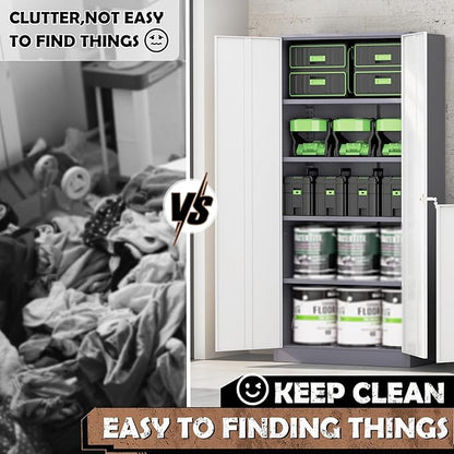 INTERGREAT Metal Storage Cabinet, 72” H Storage Cabinet with 2 Doors and 4 Adjustable Shelves for Office, Home, Garage, Pantry (Assembly Required, Grey White)