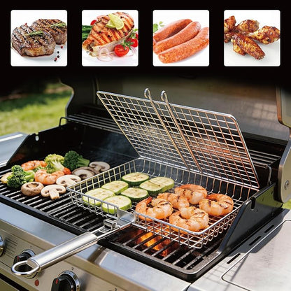 Grill Basket, Stainless Steel Fish Grill Baskets for Outdoor with Detachable Handle - Perfect for Fish, Meat, Vegetables and Ideal as Grilling Gifts for Dad, Barbecue Accessories for Camping and Cooking Essentials.