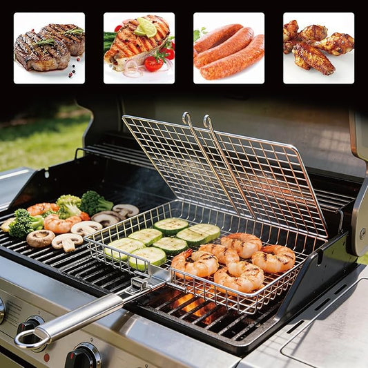 Grill Basket, Stainless Steel Fish Grill Baskets for Outdoor with Detachable Handle - Perfect for Fish, Meat, Vegetables and Ideal as Grilling Gifts for Dad, Barbecue Accessories for Camping and Cooking Essentials.