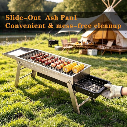 Portable Folding Charcoal Grill Tool-Free Assembly Stainless Steel BBQ Grill with Slide-Out Ash Pan & Side Trays, Compact Outdoor Barbecue for Camping, Picnic, Tailgating