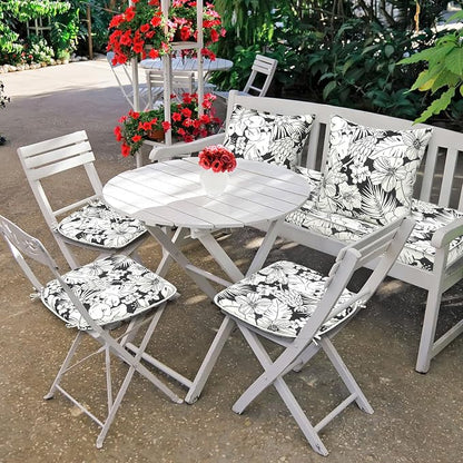 DYTXIII Set of 4 Outdoor Chair Cushions with Ties,Water Repellent Patio Chair Pads 17"x 16" for Outdoor Furniture,Round Corner Seat Cushions for Garden Yard Kitchen Tropical Blossom Noir