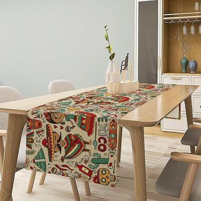 Traditional Mexican Style Table Runner, Exotic Skull Cactus Tribe Dance Music Theme Pattern for Kitchen CoffeeTea Table Dinner Room 13x108 Inch